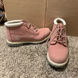 Pink white and grey Timberlands